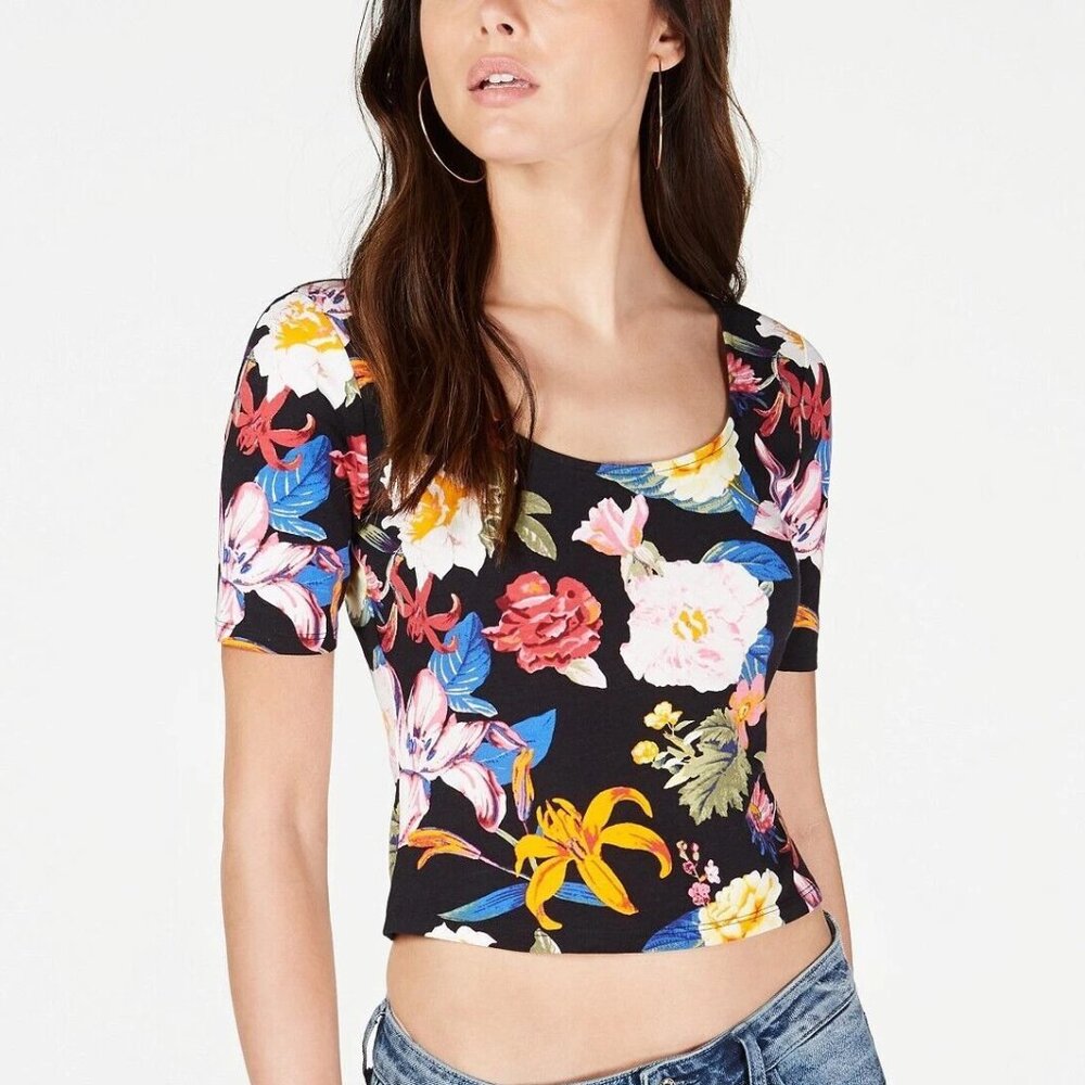 Guess Floral Black Short Sleeve Scoop Neck Top